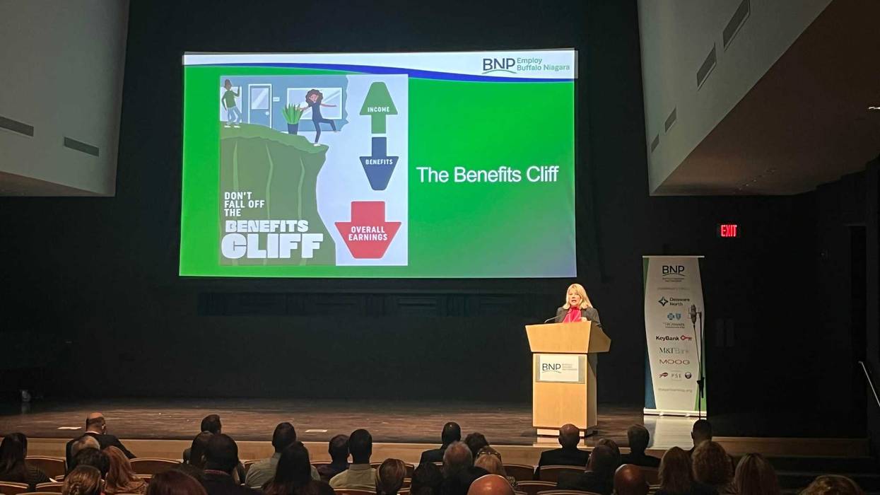 Buffalo Niagara Partnership President Dottie Gallagher discussing the benefits cliff at the Burchfield Penney Art Center. 09/29/22