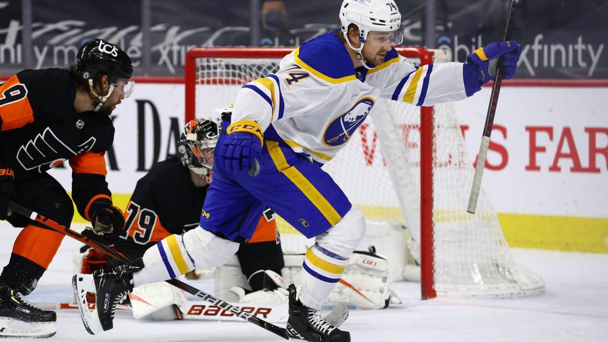 Buffalo Sabres center Rasmus Asplund celebrates after scoring the game-winning goal in the third period against the Philadelphia Flyers at the Wells Fargo Center Sunday.
