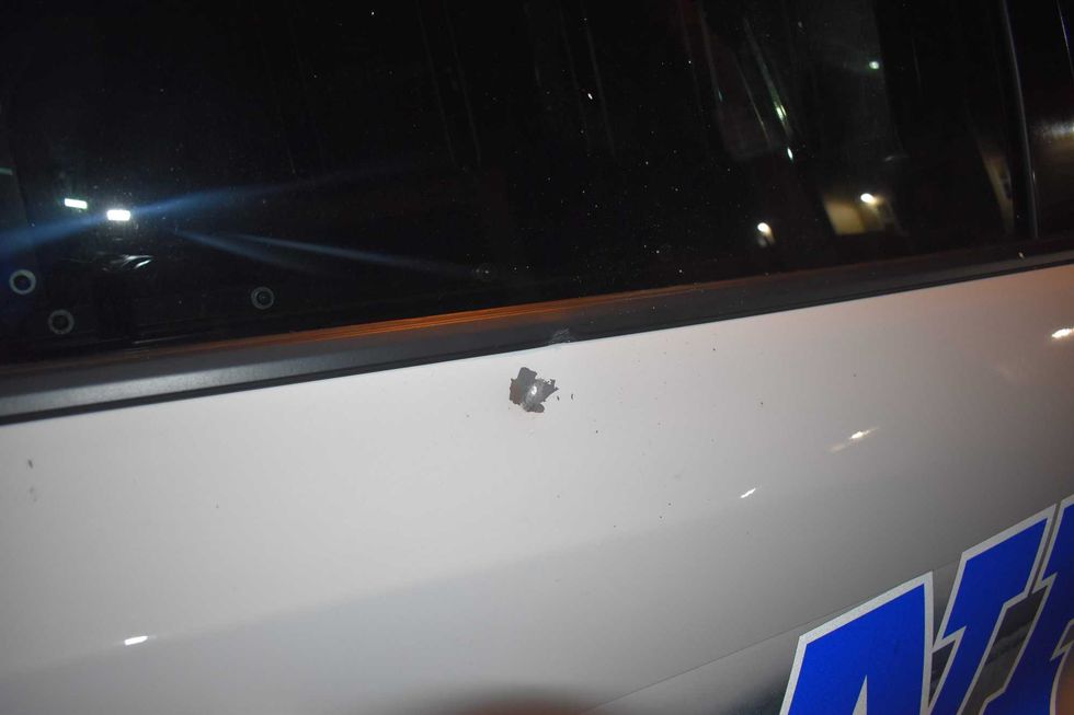 Bullet mark on a Niagara Falls Police vehicle