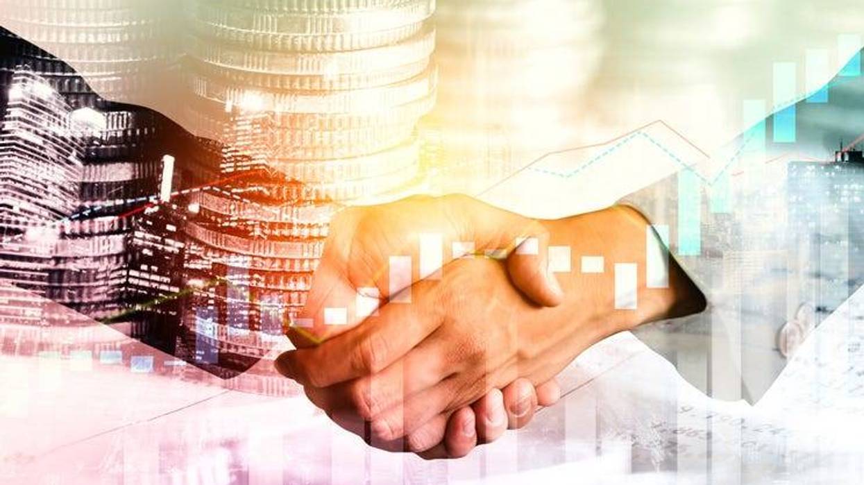 Business handshake on finance prosperity and money technology asset background