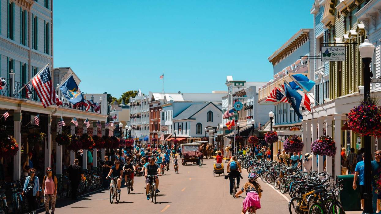 Busy small town street, no cars
