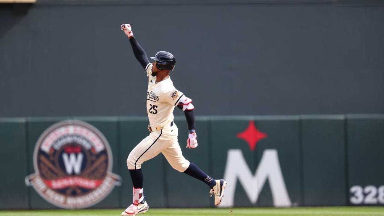 Byron Buxton #25 of the Minnesota Twins celebrates his two run homer in the eighth inning against the Cleveland Guardians at Target Field on August 11, 2024 in Minneapolis, Minnesota. The Cleveland Guardians defeated the Minnesota Twins 5-3.