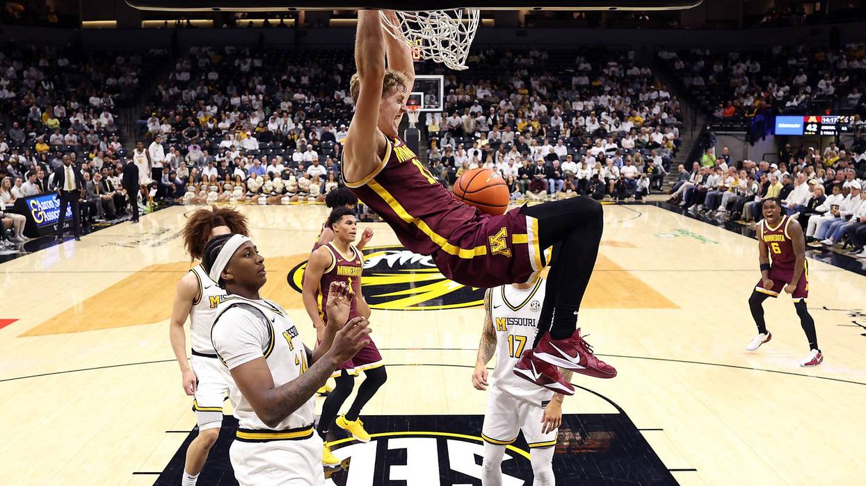  Cade Tyson #10 of the Minnesota Golden Gophers dunks during the game against the Missouri Tigers at Mizzou Arena on November 12, 2025 in Columbia, Missouri.
