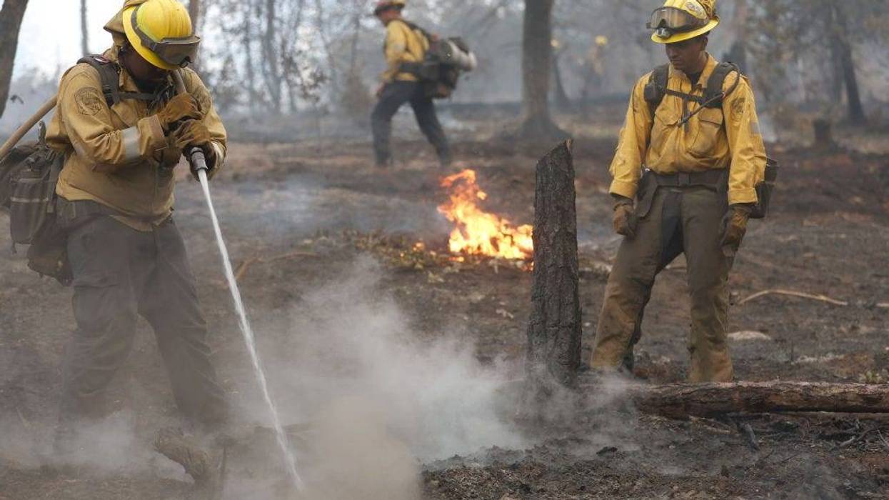 Cal Fire firefighters mop up hot spots after the Oak Fire moved through the area on July 25, 2022 near Jerseydale, California.