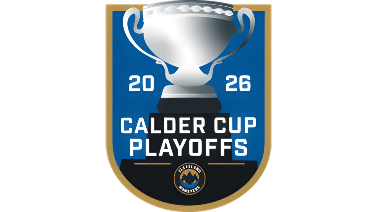 Calder Cup Playoffs 2026 logo, blue and gold shield with silver trophy.