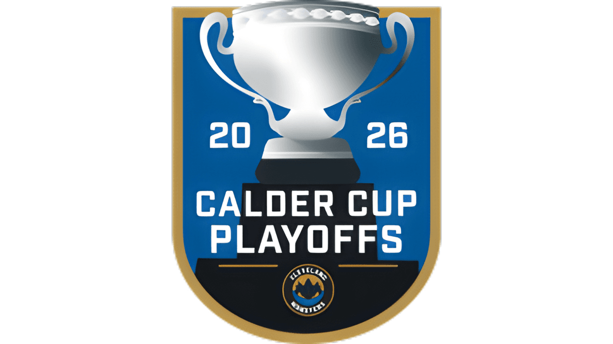 Calder Cup Playoffs 2026 logo, blue and gold shield with silver trophy.