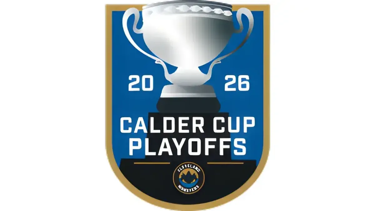 Calder Cup Playoffs 2026 logo: blue shield, silver trophy, Cleveland Monsters branding.
