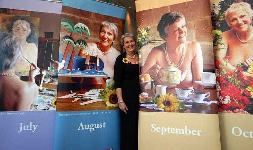 Calendar girl and Miss August, Angela Baker (Knowles) poses for the media as she and other Womens Institue members launch their second nude calendar 10 years on from the original best seller on May 11, 2009 in Leeds, England. In 1999 Angela Baker and her friends from the Womens Institute bared all for a fundraising calendar after Angela