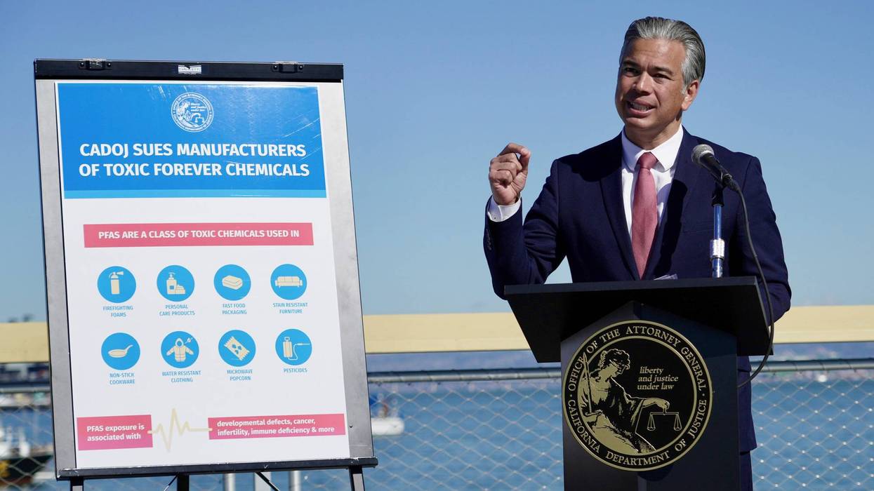 California Attorney General Rob Bonta speaks at a news conference announcing a lawsuit against manufacturers of toxic chemicals in San Francisco, on Thursday, Nov. 10, 2022. A lawsuit filed by the state of California accuses 3M, Dupont and 16 other companies of covering up the harm caused to the environment and the public after the firms manufactured chemicals that have over decades found their way into waterways and human bloodstreams.