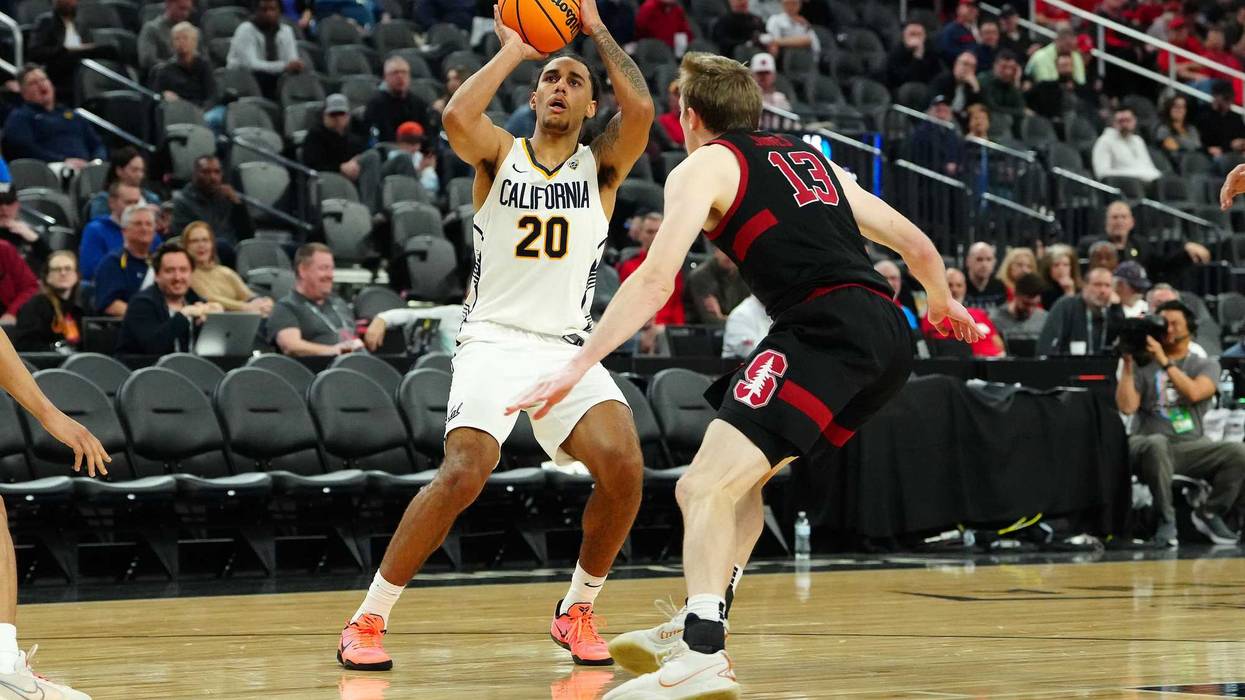 California Golden Bears guard Jaylon Tyson (20) looks to shoot against Stanford Cardinal guard Michael Jones (13) during the first half at T-Mobile Arena.