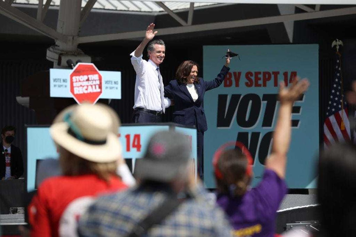 California Gov. Gavin Newsom (L) and U.S. Vice President Kamala Harris (R) greet supporters during a No on the Recall campaign event at IBEW-NECA Joint Apprenticeship Training Center on September 08, 2021 in San Leandro, California.