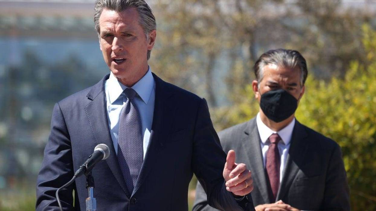 California Gov. Gavin Newsom (L) speaks as California Attorney General Rob Bonta (R) looks on during a news conference at San Francisco General Hospital on June 10, 2021 in San Francisco, California.