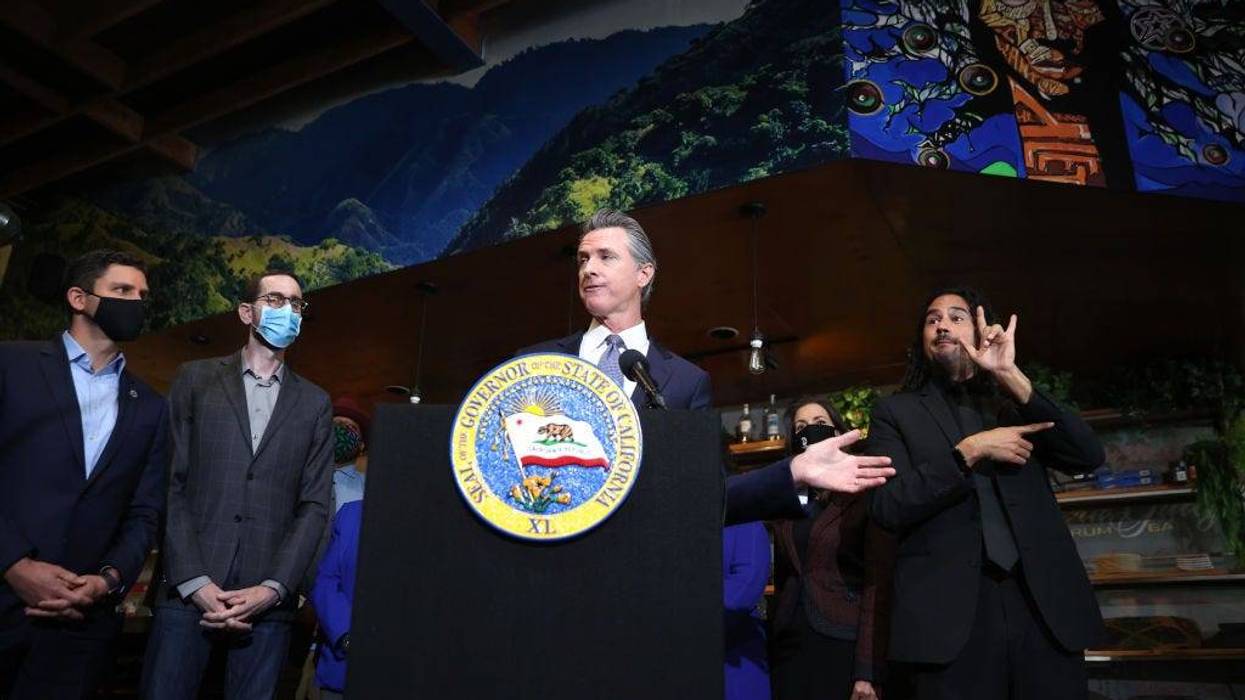 California Gov. Gavin Newsom speaks during a news conference at Kingston 11 Cuisine on October 08, 2021 in Oakland, California.