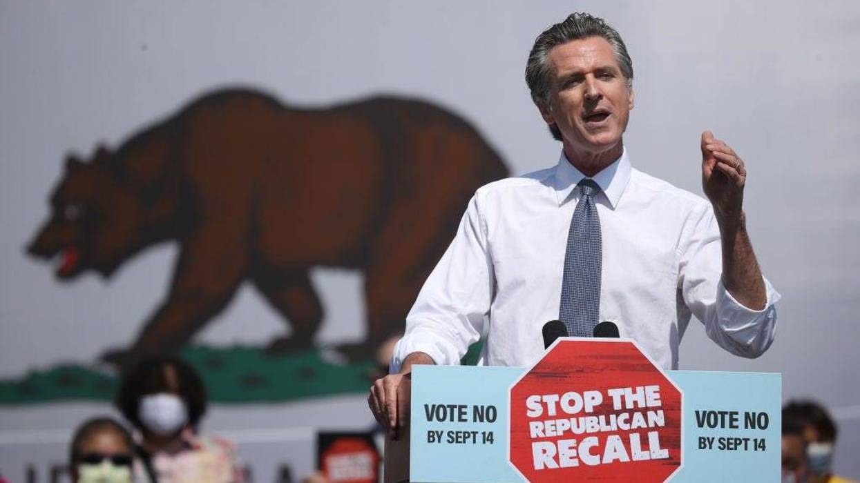 California Gov. Gavin Newsom speaks during a No on the Recall campaign event with U.S. Vice President Kamala Harris at IBEW-NECA Joint Apprenticeship Training Center on September 08, 2021 in San Leandro, California.