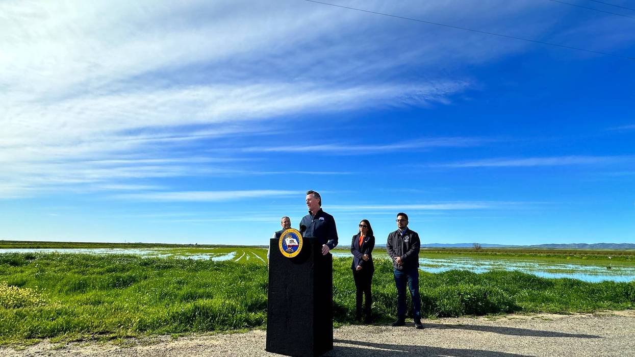 California Gov. Gavin Newsom speaks on the drought situation in Yolo County, California.