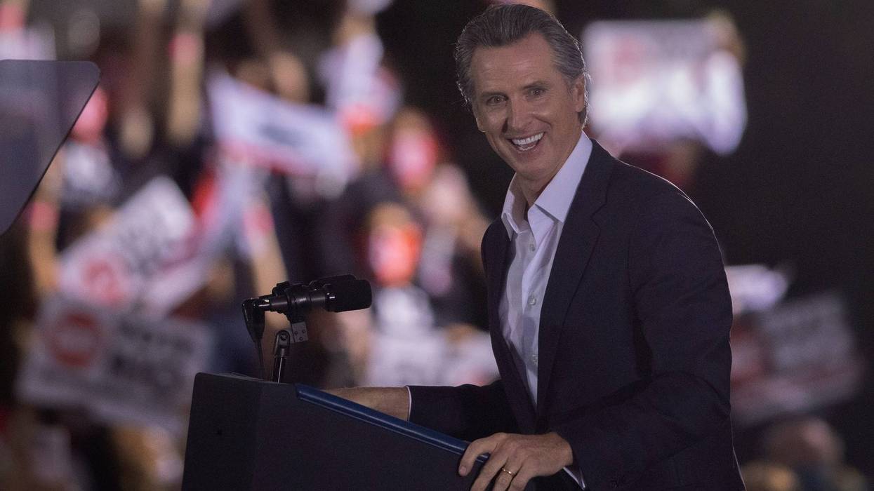 California Gov. Gavin Newsom speaks to the crowd before being joined by President Joe Biden to campaign to keep the governor in office at Long Beach City College on the eve of the last day of the special election to recall the governor on September 13, 2021 in Long Beach, California.