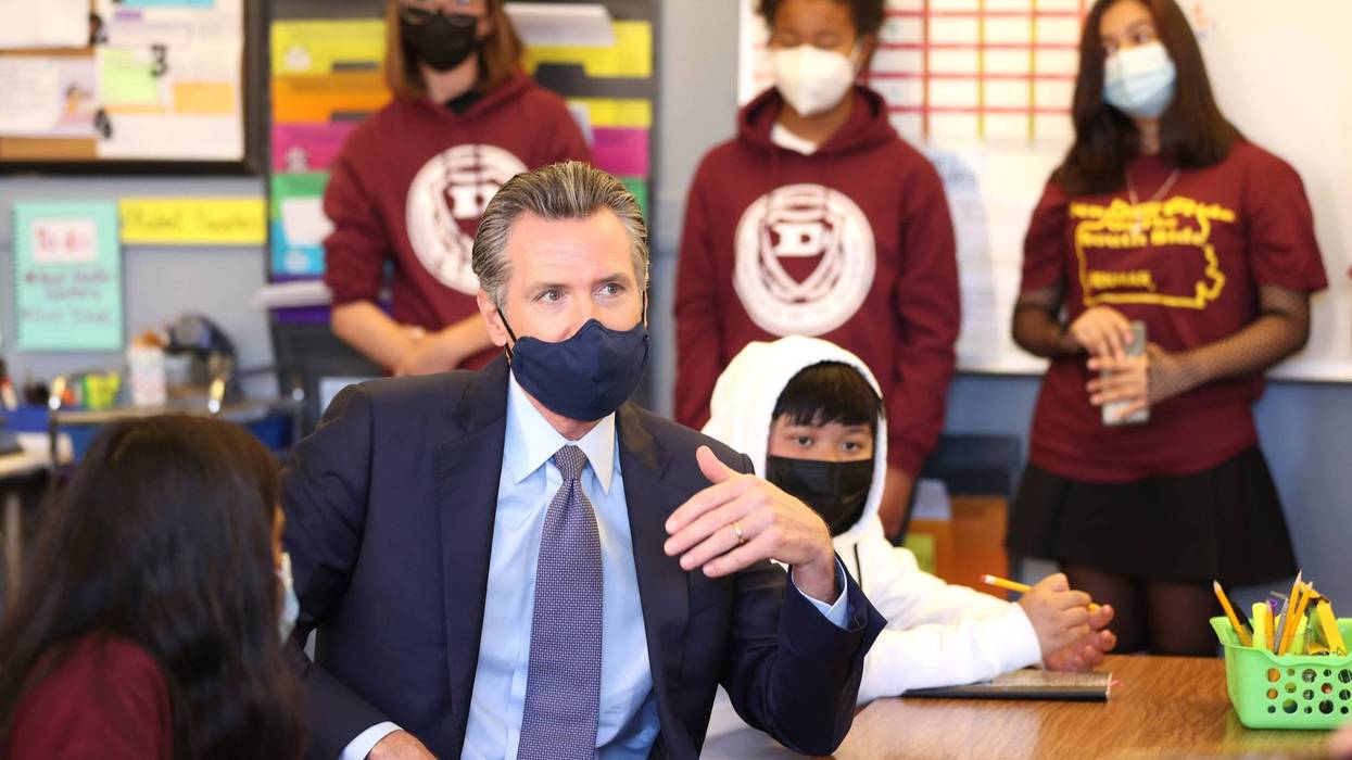 California Gov. Gavin Newsom talks with 7th grade students at James Denman Middle School on October 01, 2021 in San Francisco, California.