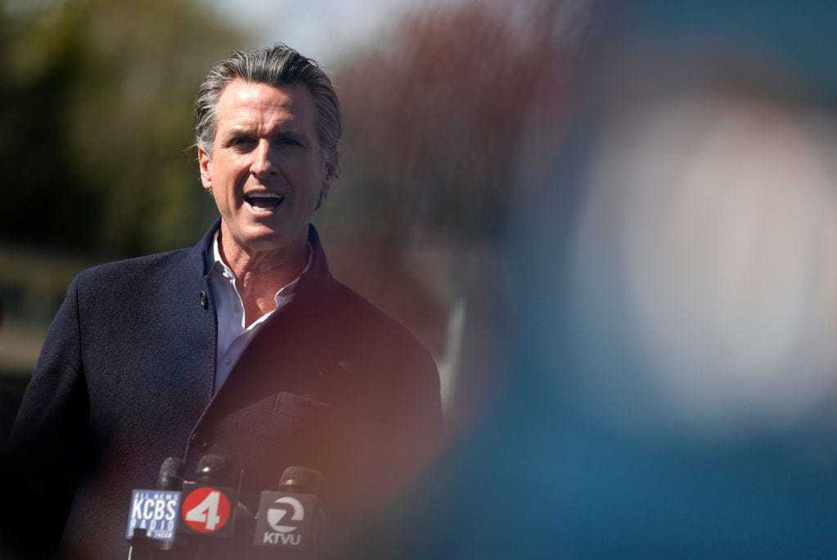 California Gov. Gavin Newson speaks during a news conference after touring Barron Park Elementary School on March 02, 2021 in Palo Alto, California.