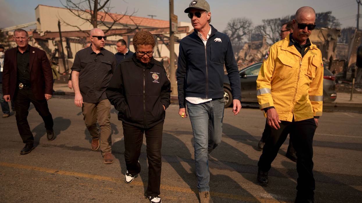 California Governor Gavin Newsom and Los Angeles Mayor Karen Bass tour the downtown business district of Pacific Palisades as the Palisades Fire continues to burn on January 8, 2025 in Los Angeles, California.