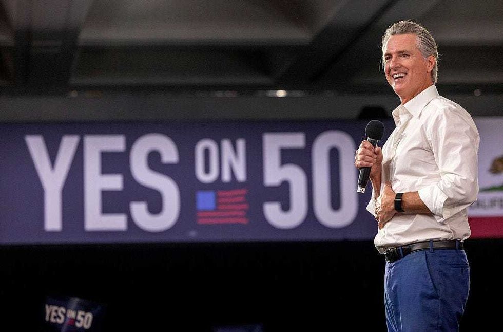 California Governor Gavin Newsom speaks at a "Yes On Prop 50" volunteer event at the LA Convention Center on November 1, 2025 in Los Angeles, California.