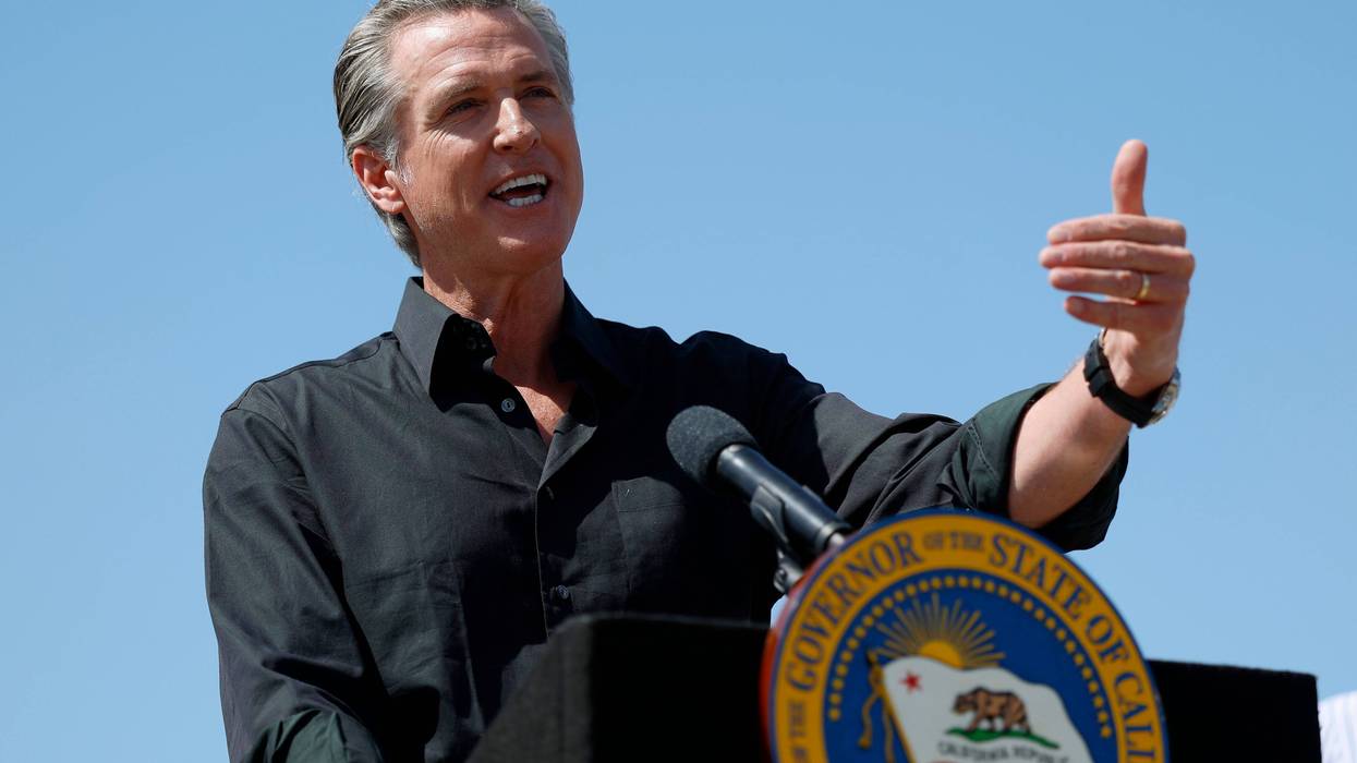 California Governor Gavin Newsom speaks during a news conference at Gemperle Orchard on April 16, 2025 in Ceres, California.