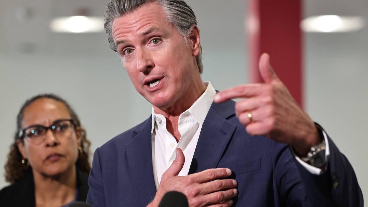 California Governor Gavin Newsom speaks to the media at Belvedere Middle School after signing legislation aimed at improving kids' nutrition and health across California on October 8, 2025 in Los Angeles, California.