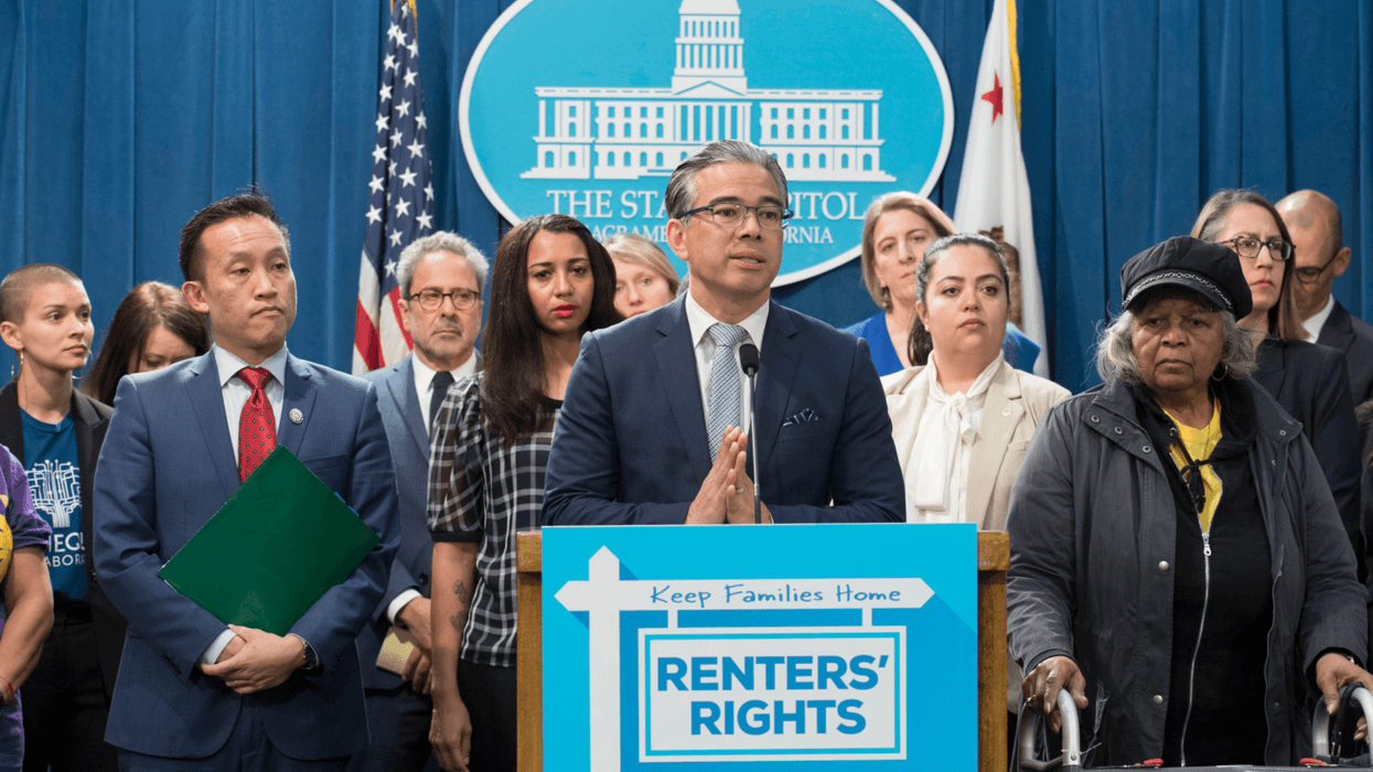 California State Assemblyman Rob Bonta speaks at a press conerence on renters' rights.