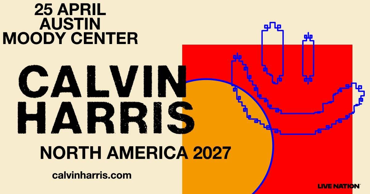Calvin Harris North America 2027 tour poster: Austin, 25 April. Abstract design with blue smiley icon.