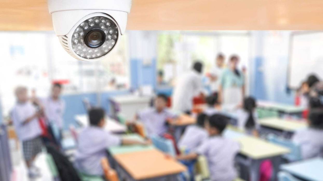 Camera in a classroom stock photo.