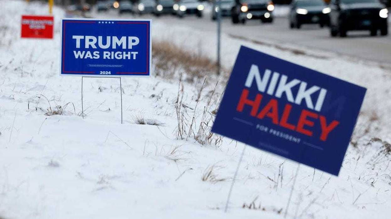 Campaign signs for Republican presidential candidates former President Donald Trump and former UN Ambassador Nikki Haley stand along Rocky Pond Road ahead of next Tuesday's primary election on January 19, 2024 in Loudon, New Hampshire.