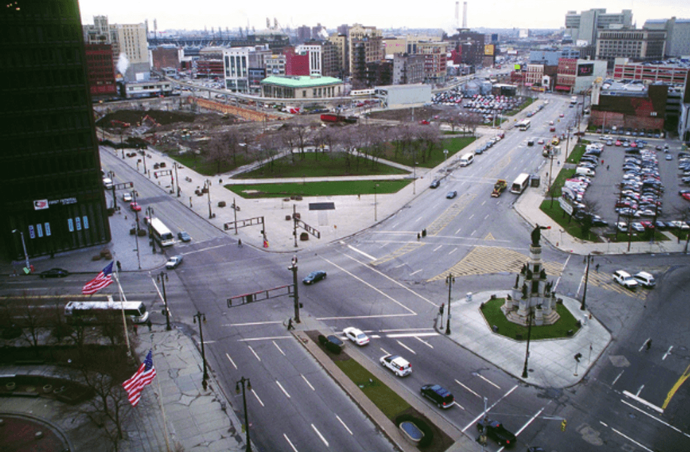 Campus Martius Park prior to its transformation 20 years ago