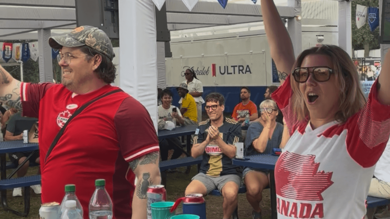 Canadian soccer fans celebrate a win at FIFA Fan Fest in Philadelphia