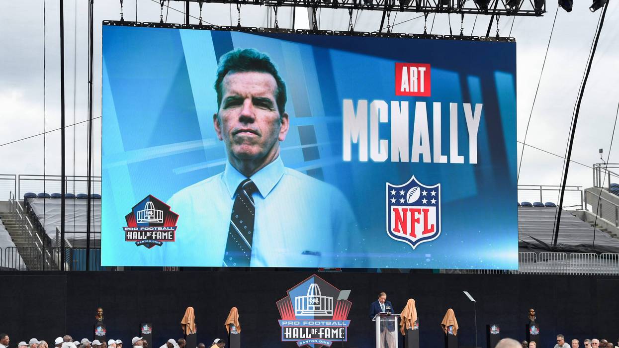 CANTON, OHIO: Art McNally is presented during the 2022 Pro Hall of Fame Enshrinement Ceremony at Tom Benson Hall of Fame Stadium on August 6, 2022 in Canton, Ohio.