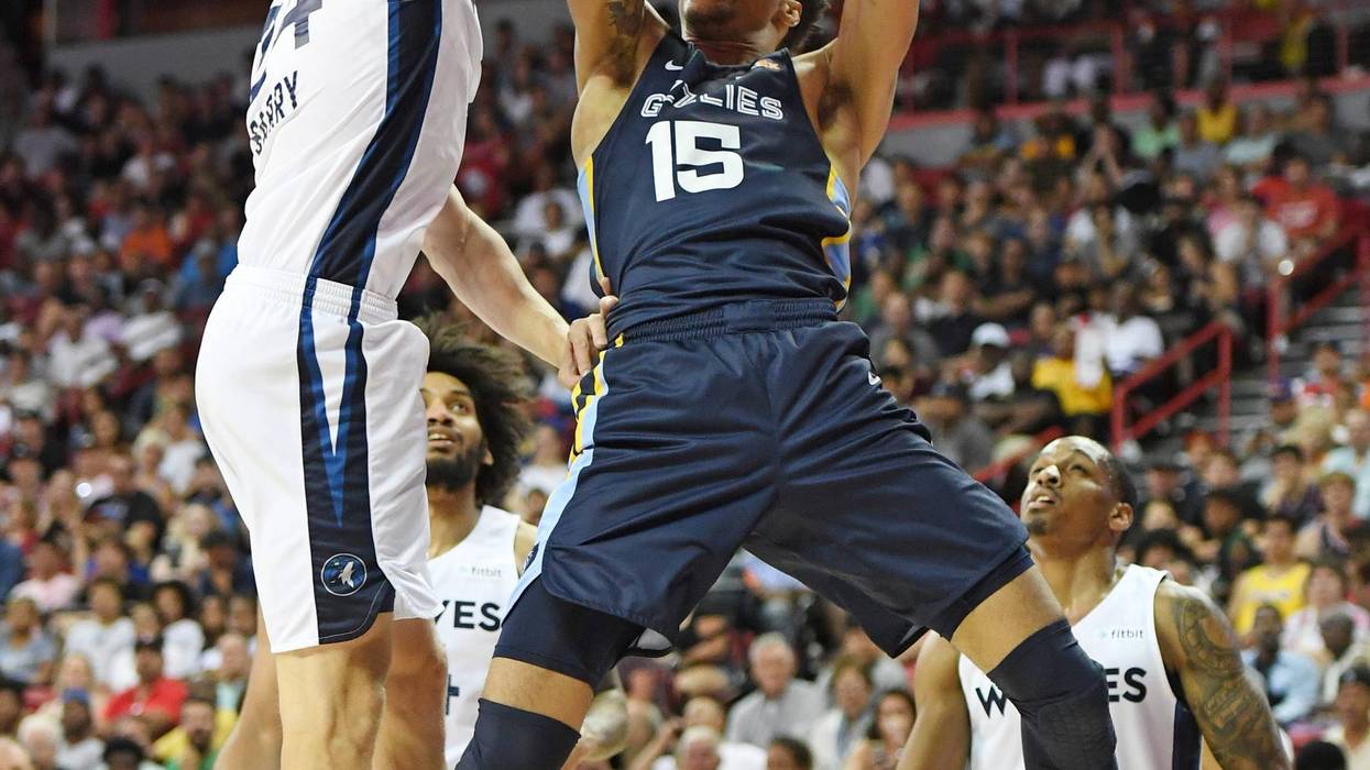 Canyon Barry #24 of the Minnesota Timberwolves blocks a shot by Brandon Clarke #15 of the Memphis Grizzlies during the championship game of the 2019 NBA Summer League at the Thomas & Mack Center on July 15, 2019 in Las Vegas, Nevada.