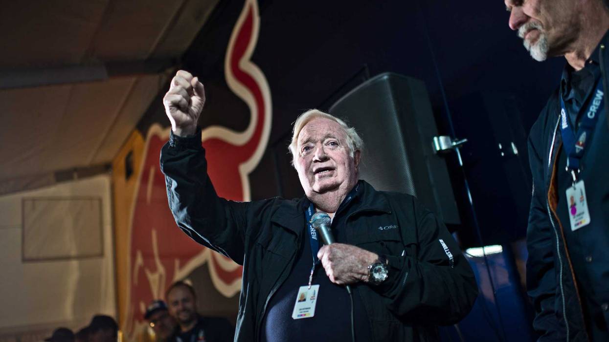 Capcom 1 USAF Col (ret) Joe Kittinger talks at a briefing prior to the final manned flight of Red Bull Stratos in Roswell, New Mexico in 2012.