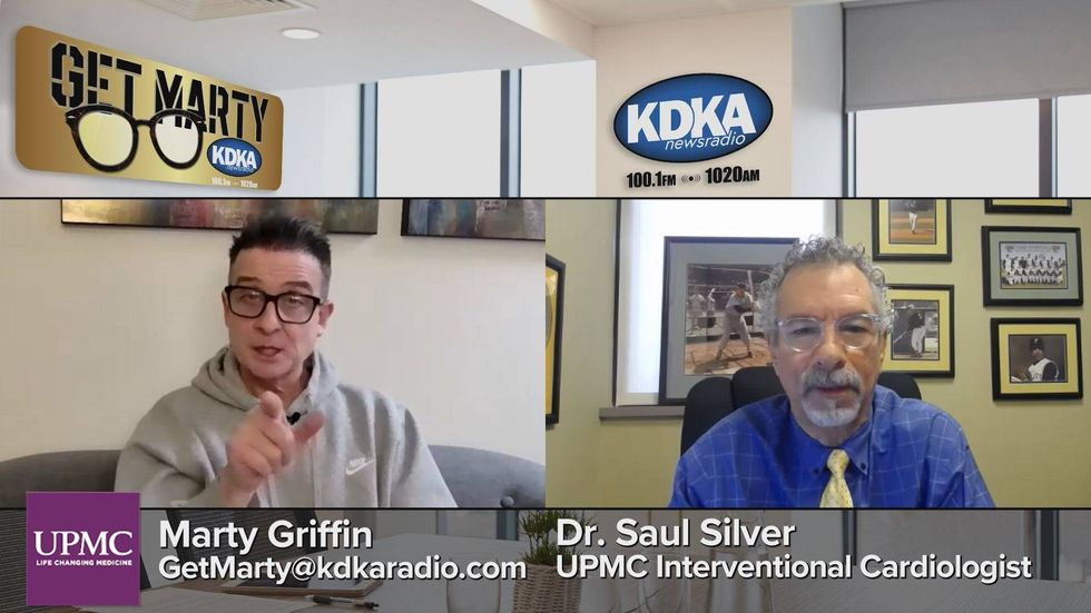 Caption: Marty Griffin talks to UPMC Dr. Saul Silver about cardiovascular conditions and treatments.