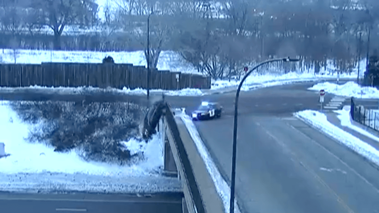 Car drives over overpass