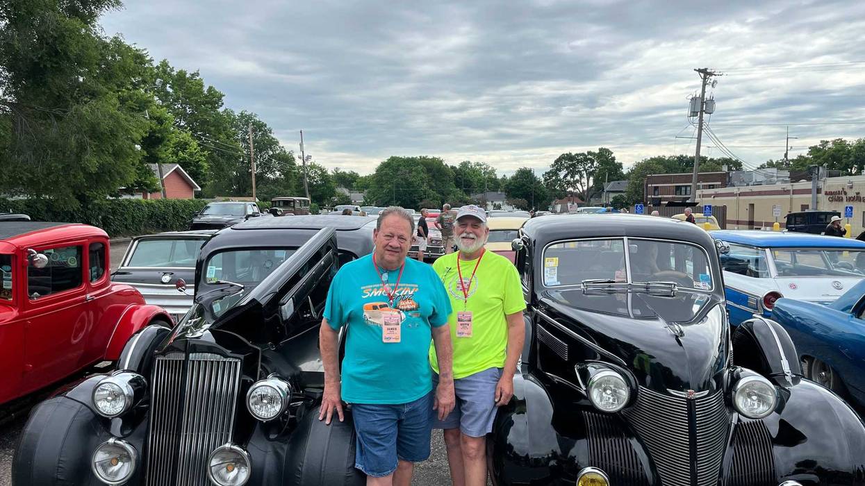 Car exhibitor Jim Davis and Keith at Mancini’s in St. Paul