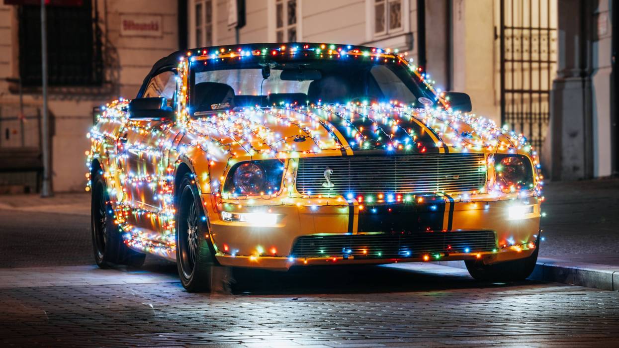 car with Christmas lights on it