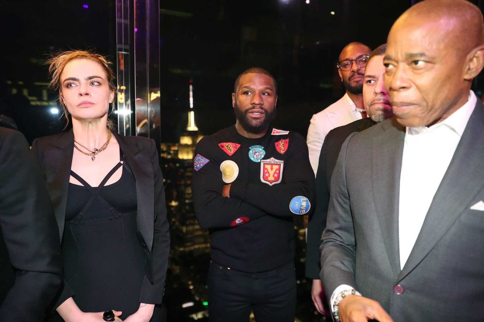 Cara Delevingne, Floyd Mayweather and Mayor Eric Adams attend Bilt Rewards X Wells Fargo Launch Event Party on March 28, 2022 in New York City.