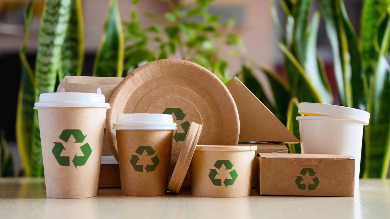 cardboard food and drink containers with recycle symbols