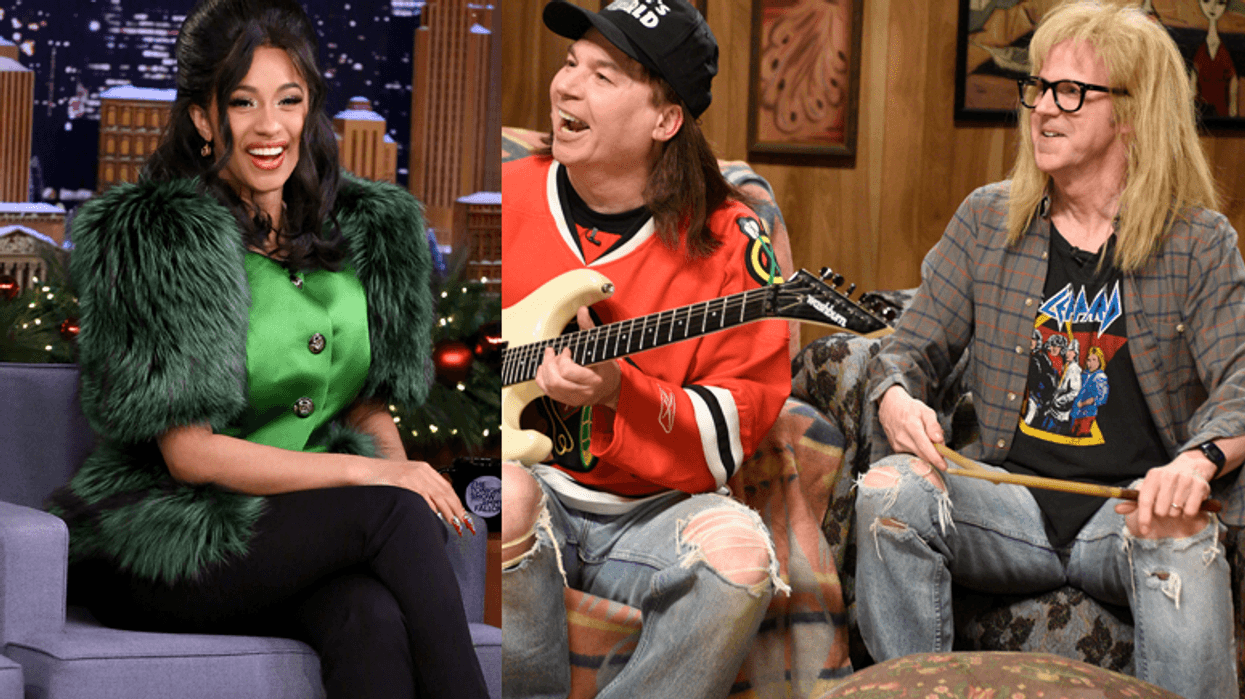 Cardi B and Mike Meyers as Wayne, Dana Carvey as Garth during the Wayne's World skit