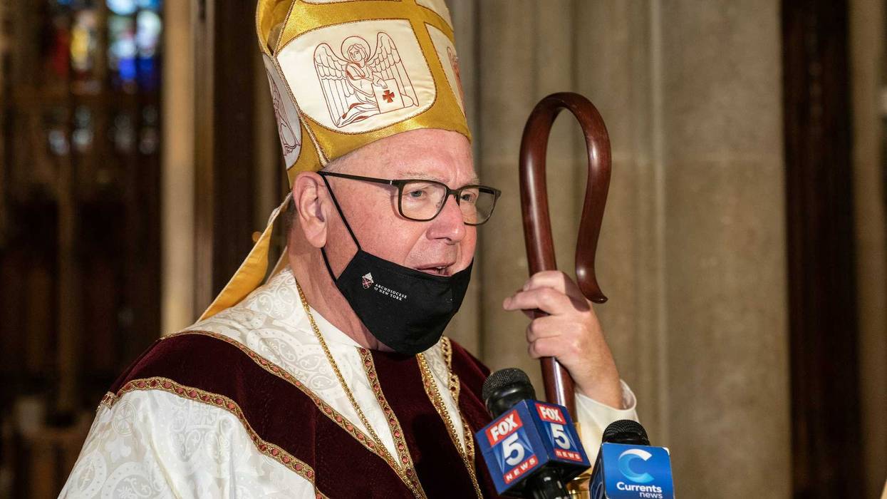 Cardinal Timothy Dolan speaks to media after the NYPD (new york police department) mass honoring members who died of COVID-19 at St. Patrick's Cathedral. 46 members of NYPD died during pandemic so far and many of them did not receive proper funerals due to pandemic restrictions. Almost 20% of NYPD members were sick with coronavirus during the pandemic in the city. Cardinal Timothy Dolan led the mass. Mayor Bill de Blasio and Police commissioner Dermot Shea spoke.