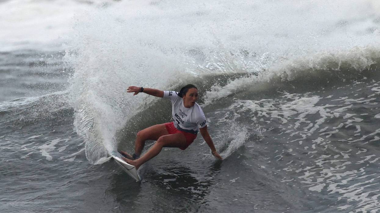 Carissa Moore of Team United States surfs during the Gold Medal match against Bianca Buitendag of Team South Africa on day four of the Tokyo 2020 Olympic Games at Tsurigasaki Surfing Beach on July 27, 2021 in Ichinomiya, Chiba, Japan.