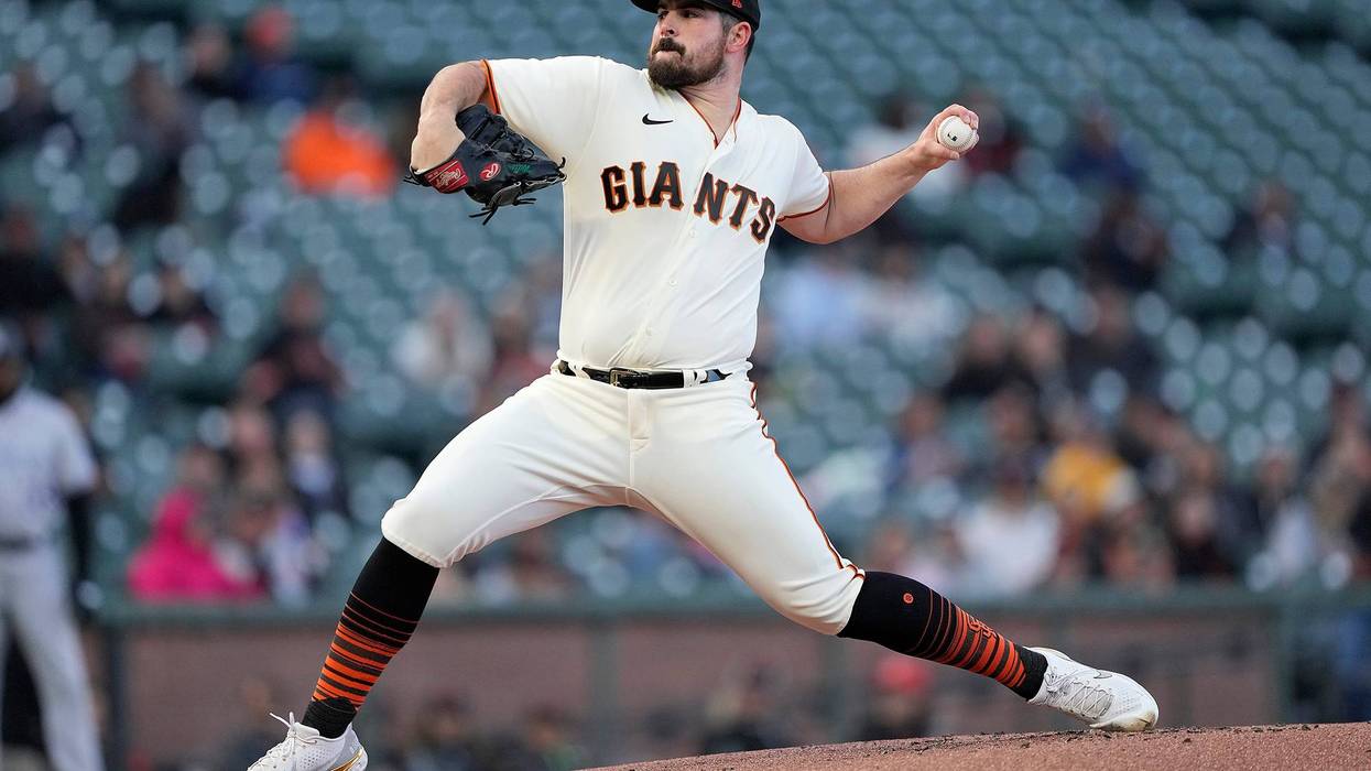 Carlos Rodon #16 of the San Francisco Giants pitches against the Colorado Rockies in the top of the first inning at Oracle Park.