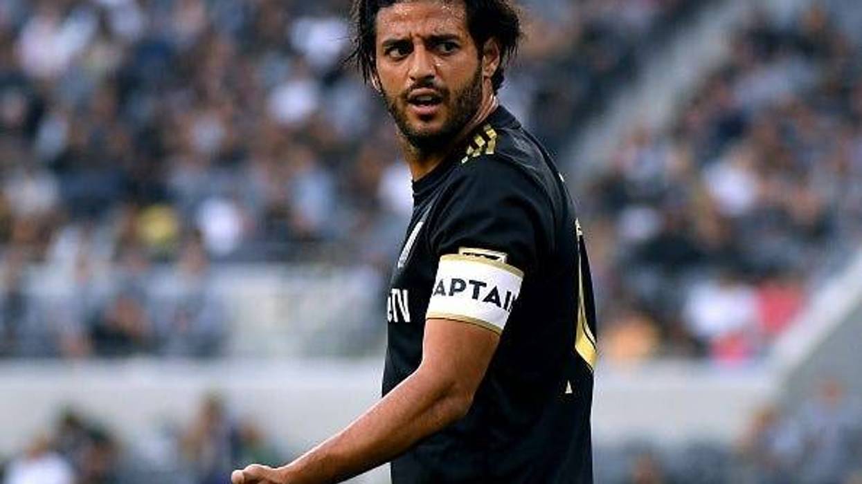 Carlos Vela #10 of Los Angeles FC reacts for a call from the referee during the first half against the Vancouver Whitecaps at Banc of California Stadium