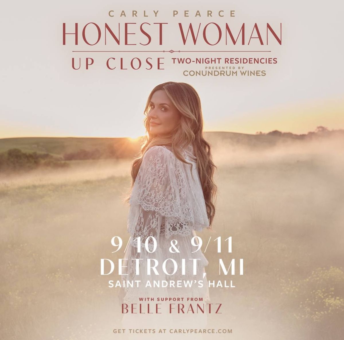 Carly Pearce 'Honest Woman Up Close' tour poster. Singer in white dress in misty field. Detroit 9/10-11.