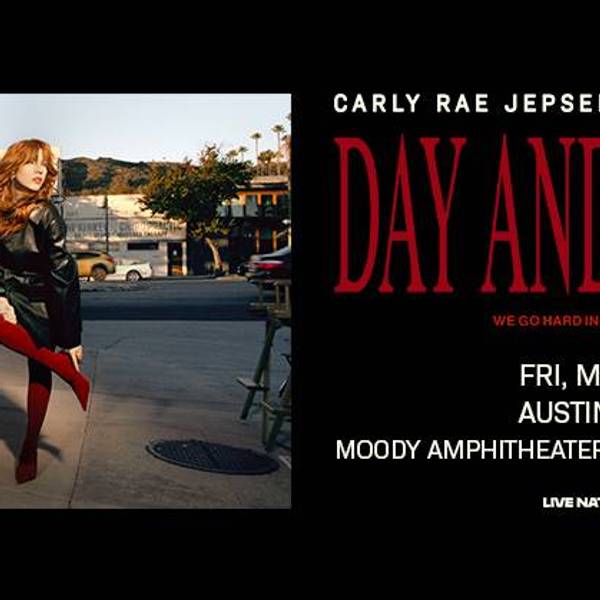 Carly Rae Jepsen 'Day and Night' Tour 2027 poster. She's in a black coat and red boots outside a cafe.
