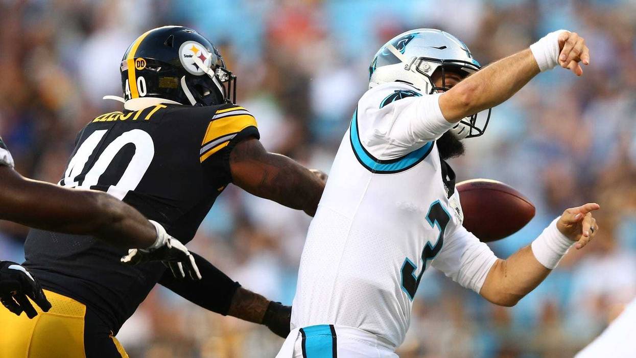 ; Carolina Panthers quarterback Will Grier (3) has the football knocked away by Pittsburgh Steelers linebacker Jayrone Elliott