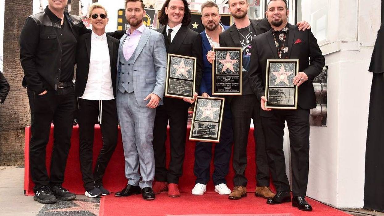 Carson Daly, Ellen Degeneres, Lance Bass, JC Chasez, Joey Fatone, Justin Timberlake and Chris Kirkpatrick at a ceremony honoring 'NSYNC with a star on the Hollywood Walk of Fame on April 30, 2018 in Hollywood, California
